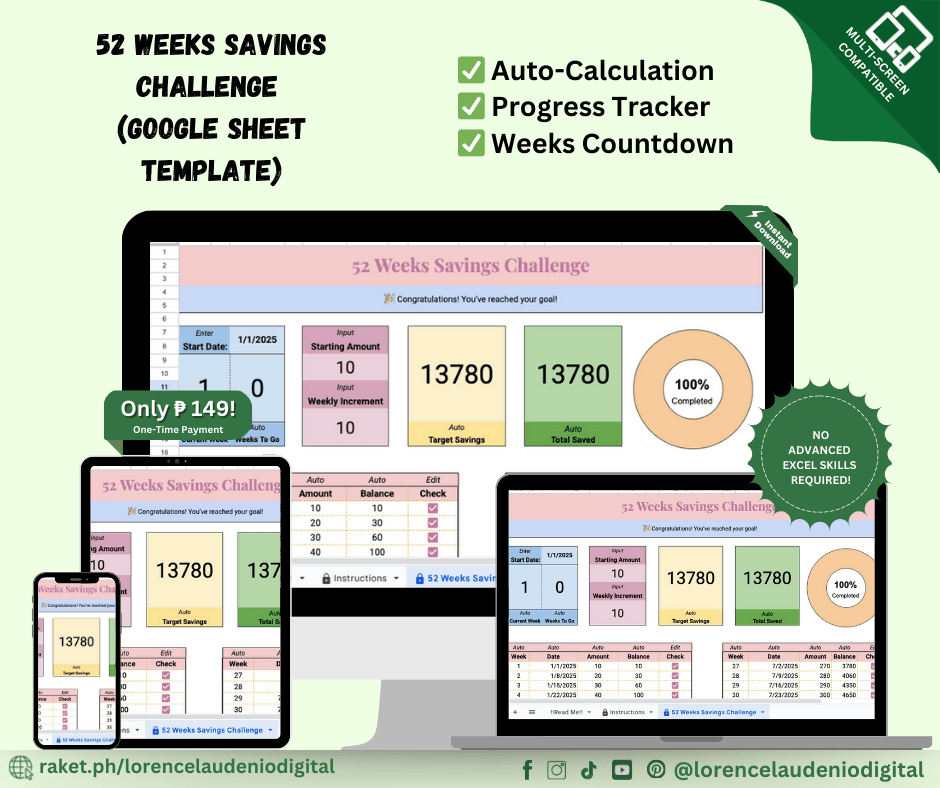 52 Weeks Savings Challenge (Google Sheet Template) thumbnail