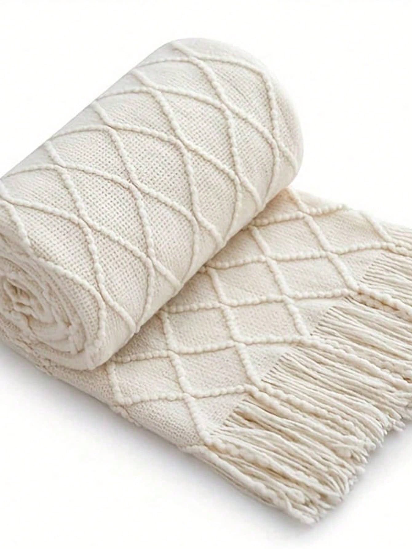 1 Diamond Grid Textured Knit Throw Blanket, Soft And Comfortable, Suitable For All Seasons, Suitable For Sofa, End Of Bed, Travel, Home Decor - Mixed Color Geometric Pattern, Acrylic Fabric thumbnail