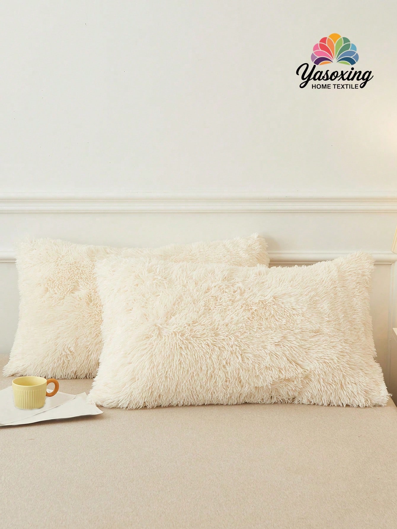 2pcs Beige Fuzzy Plush Pillow Cover Pillowcase Zipper Closure For Bedroom Living Room Sofa Chair, Soft Comfortable Home Decor Cushion Cover, Pillow Insert Not Included thumbnail