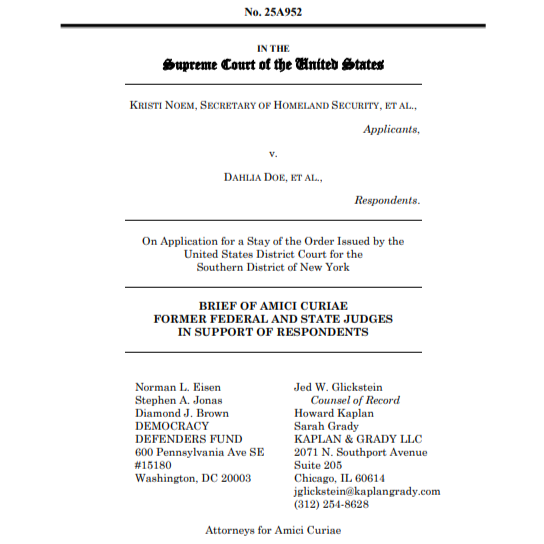 More than 180 former federal and state judges has filed an amicus brief re:Noem v. Dahlia Doe, a case involving Temporary Protected Status for Syrian nationals. thumbnail