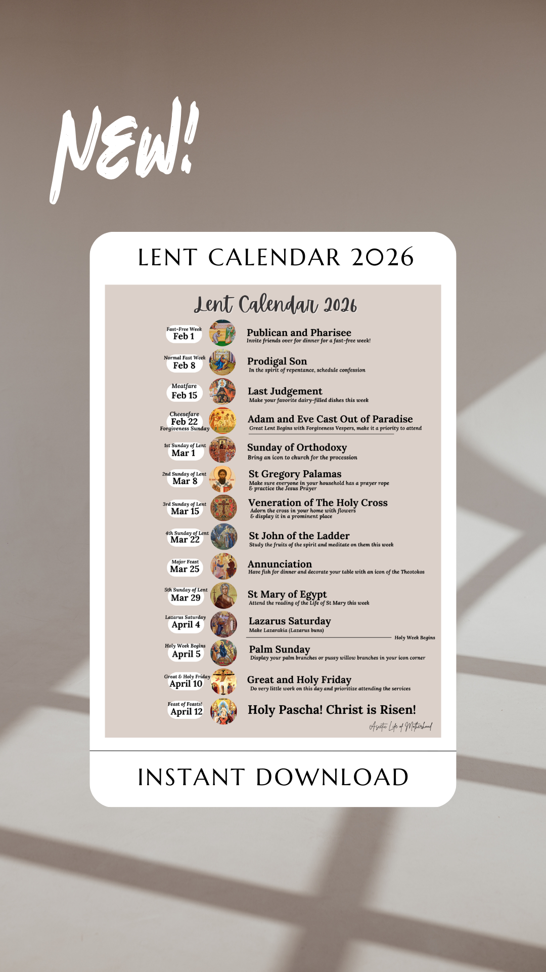 One-page Orthodox Lenten calendar — Ascetic life of motherhood thumbnail