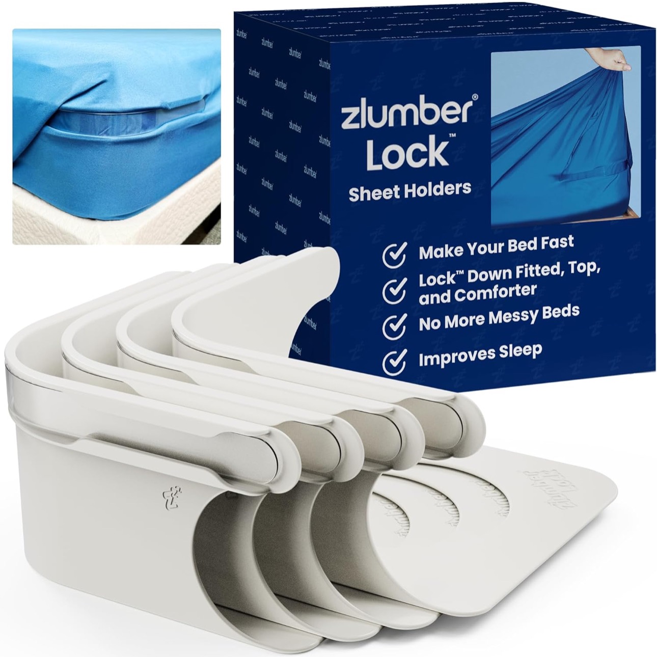 The Original USA Patents Pending Zlumber Lock Sheet Holders - Secure Bed Sheets Firmly in Place - Heavy-Duty Mattress Straps for No More Loose Sheets, Fits All Sheet Sizes, Easy One-Time Installation : Home & Kitchen thumbnail