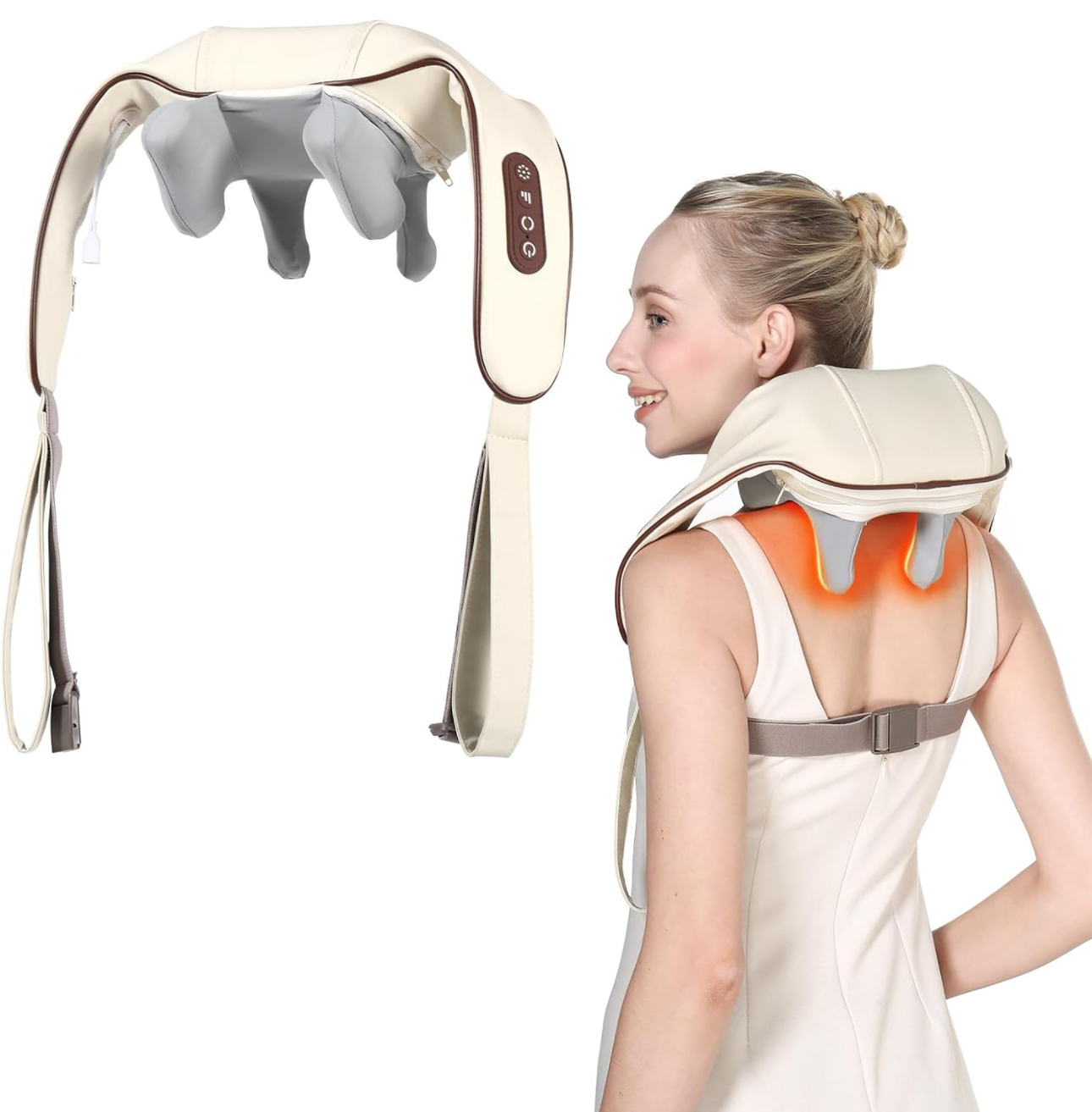 Neck Massager, Cordless 4D Deep Tissue Kneading Massage with Heating Function, Shiatsu Neck and Shoulder Massage Pillow for Neck, Traps, Back and Leg Pain Relief, Gifts for Men or Women(Lvory White) thumbnail