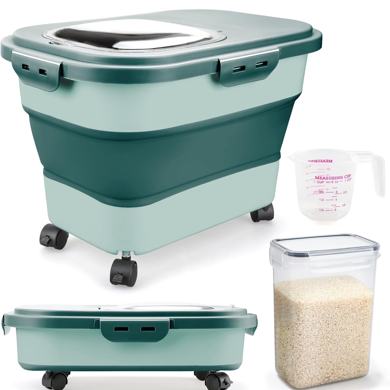 Komzon Rice Storage Containers, Collapsible 20 to 30Lbs Food Storage Bin Dispenser with Rolling Wheel and Clear Airtight Lid, BPA Free Flour, Sugar, Cereal and Dog Cat Pet food Containers : Home & Kitchen thumbnail