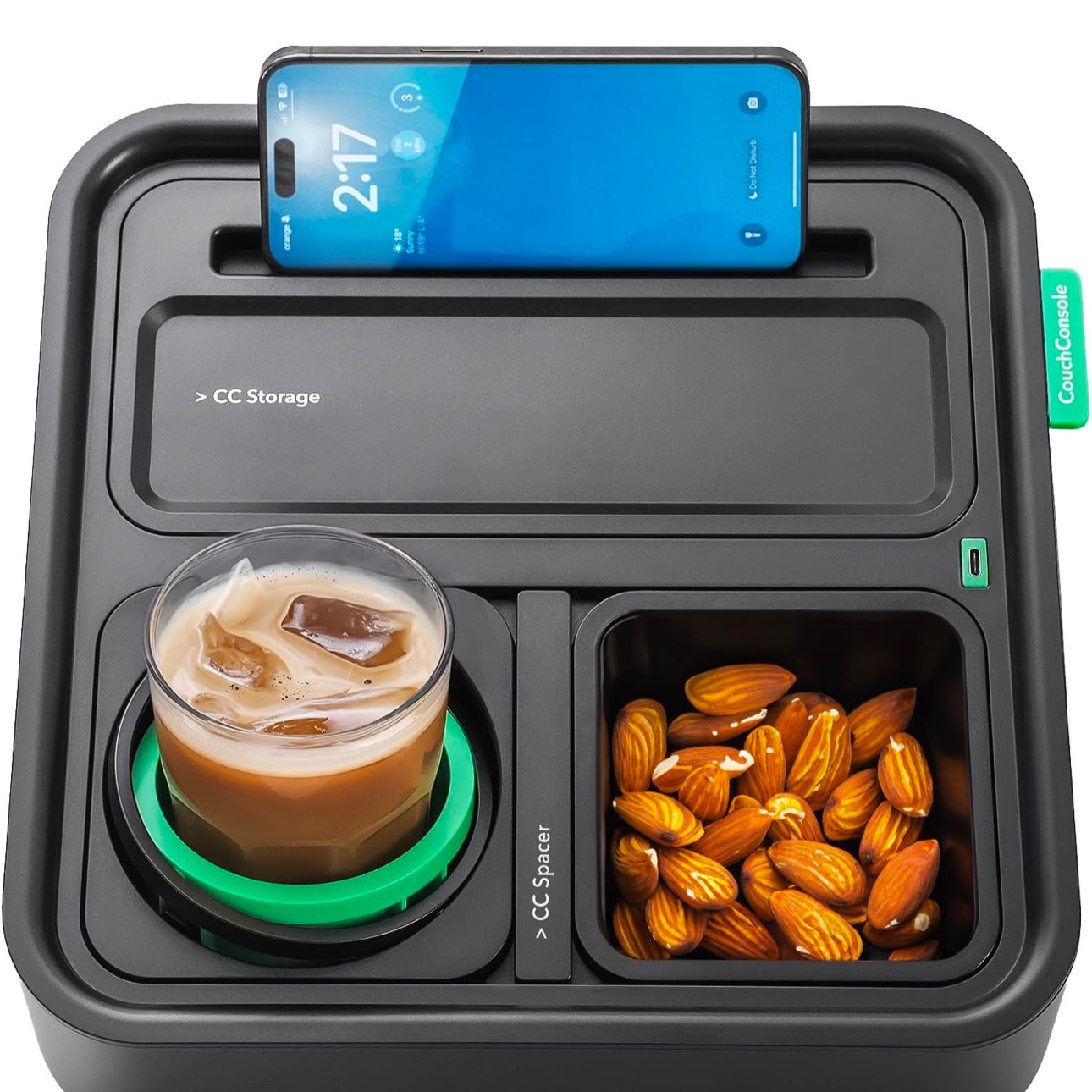 CouchConsole Original Tray - Drinks & Snacks Sofa Caddy with Armrest, Table with Phone Stand- TV Remote Control Storage and Organizer - for Living Rooms, RV, and Cars, Black/Green: Home & Kitchen thumbnail