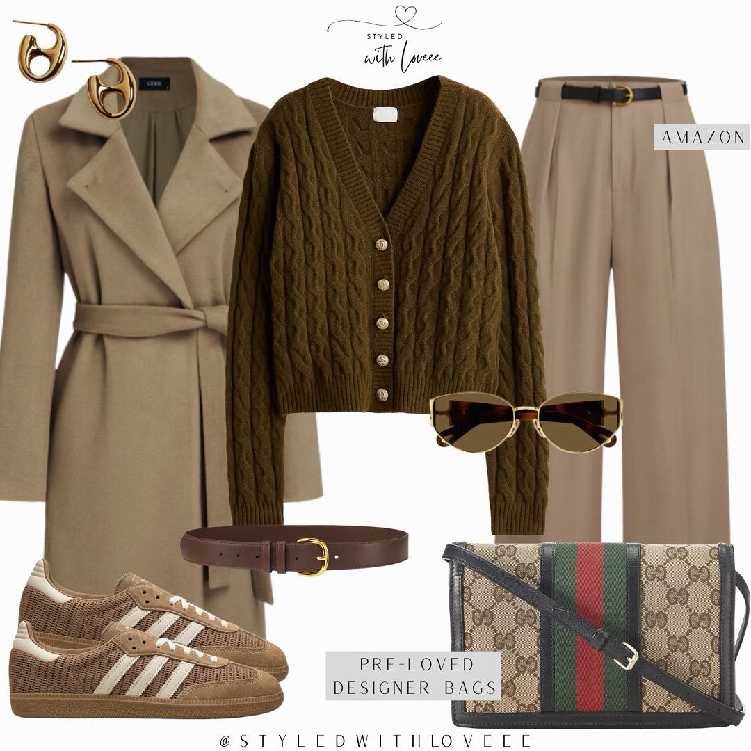 Loving this chunky knit cardigan with @amazon neutral trousers. Topped with a chic belted coat for those crisp mornings.