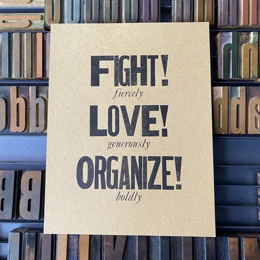 letterpress print: Fight! Love! Organize! — radical emprints thumbnail