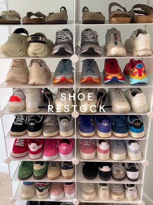 Let’s organize my shoe rack! 👟💕 I’m so glad to finally have all of these put away #restock#organized#organize#shoes#sati