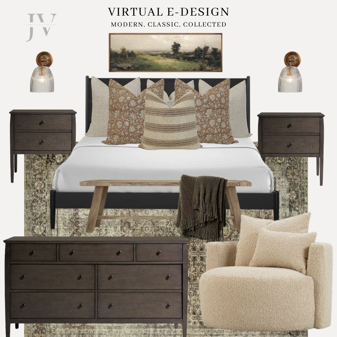 Another Virtual E-Design Moodboard ✨ A mix of modern and classic elements to create a cozy bedroom!

#bedroomdesign #bed