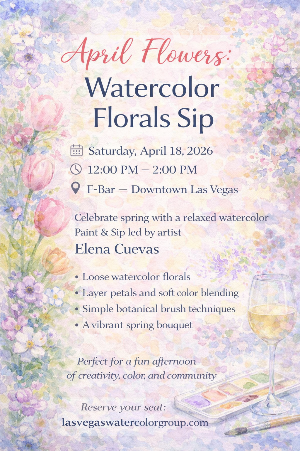 4/18/26 - Las Vegas Watercolor Group: April Flowers: Watercolor Florals Sip — Fergusons Downtown thumbnail