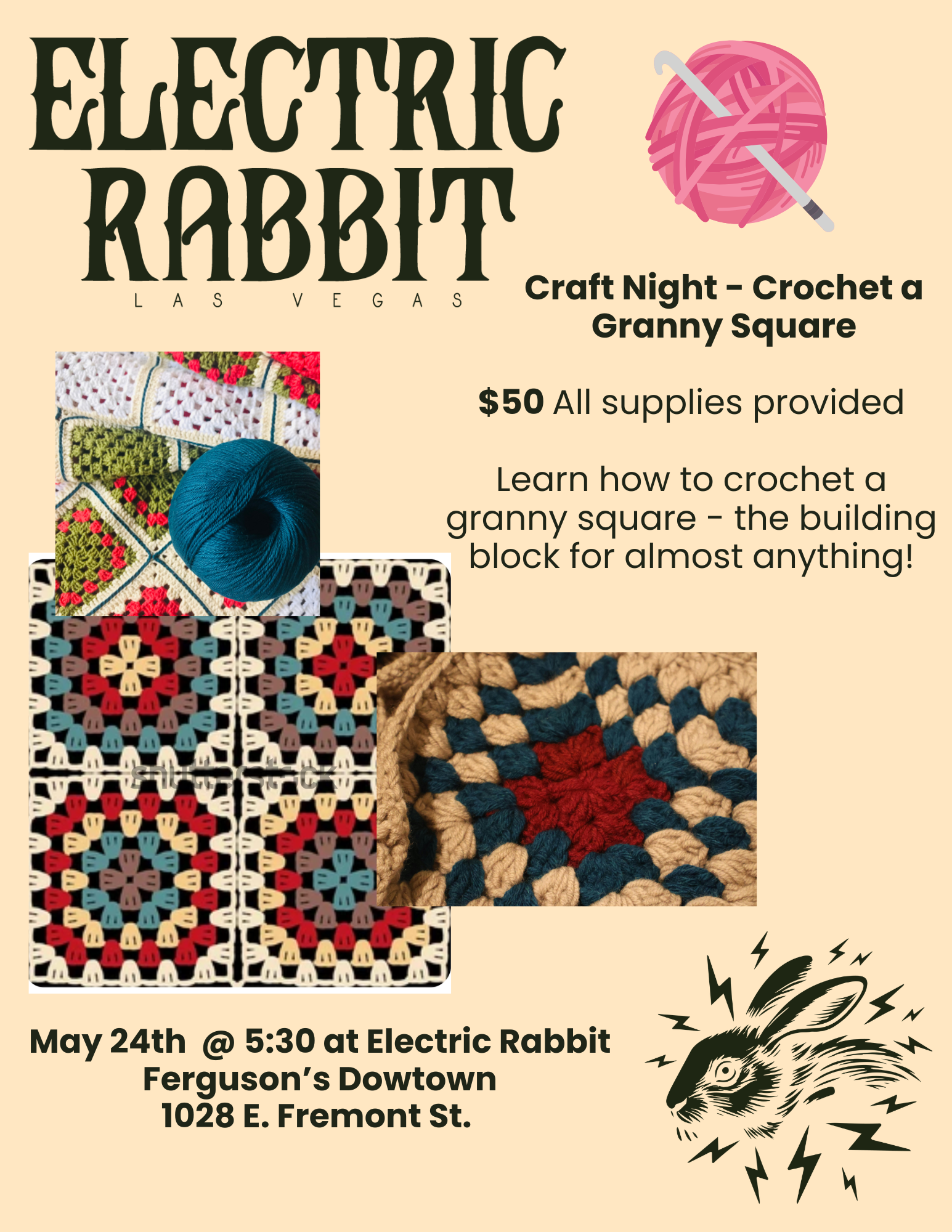 5/24/26 - Electric Rabbit: Craft Night - Crochet a Granny Square — Fergusons Downtown thumbnail