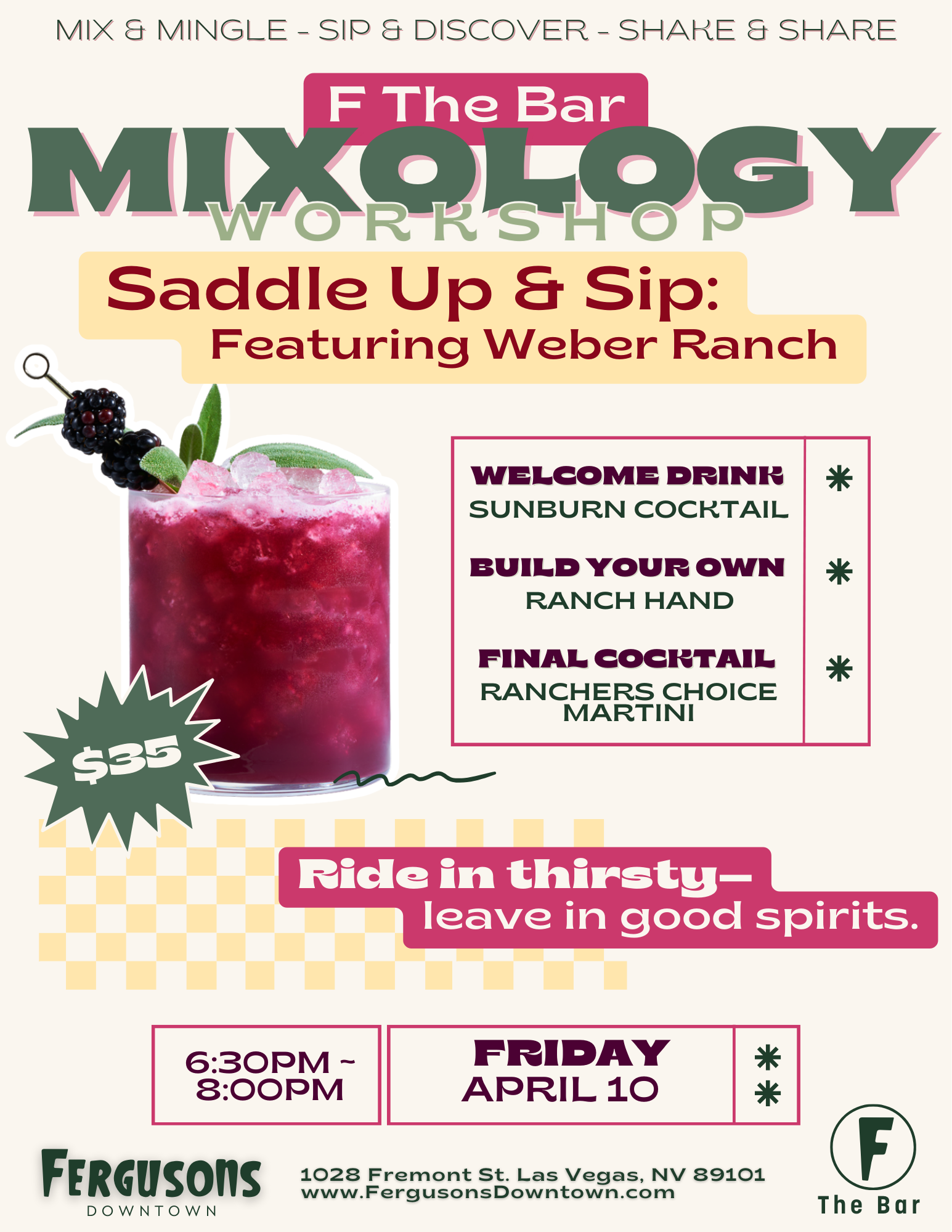 4/10/26 - Mixology Workshop - Saddle Up & Sip: Featuring Weber Ranch — Fergusons Downtown thumbnail