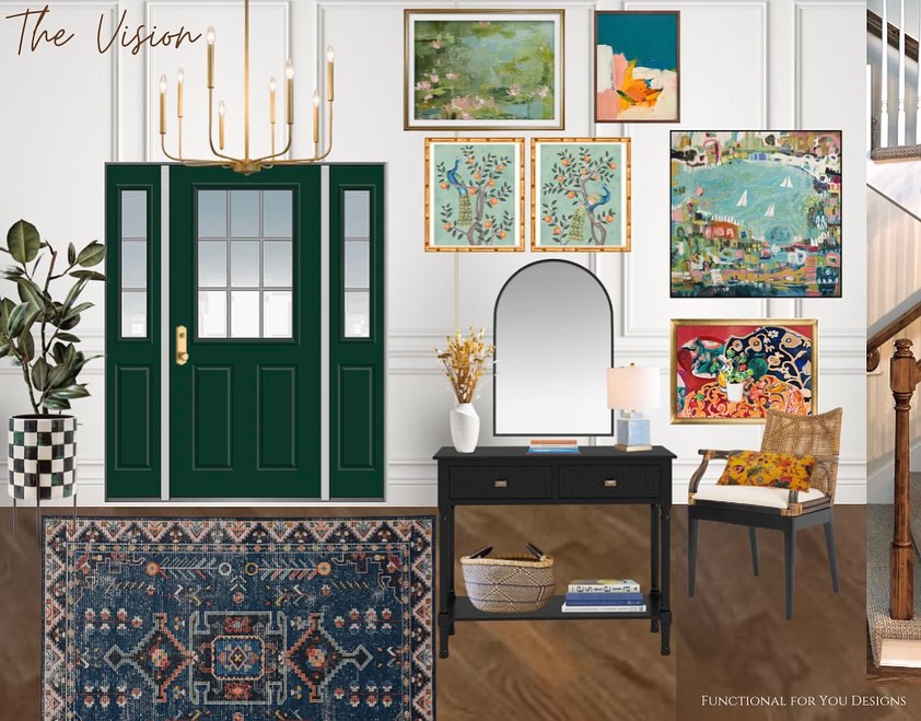 Colorful entryway 🌈

Swipe to see 3 subtle variations to this entry with changes in the console, chair and wall treatmen