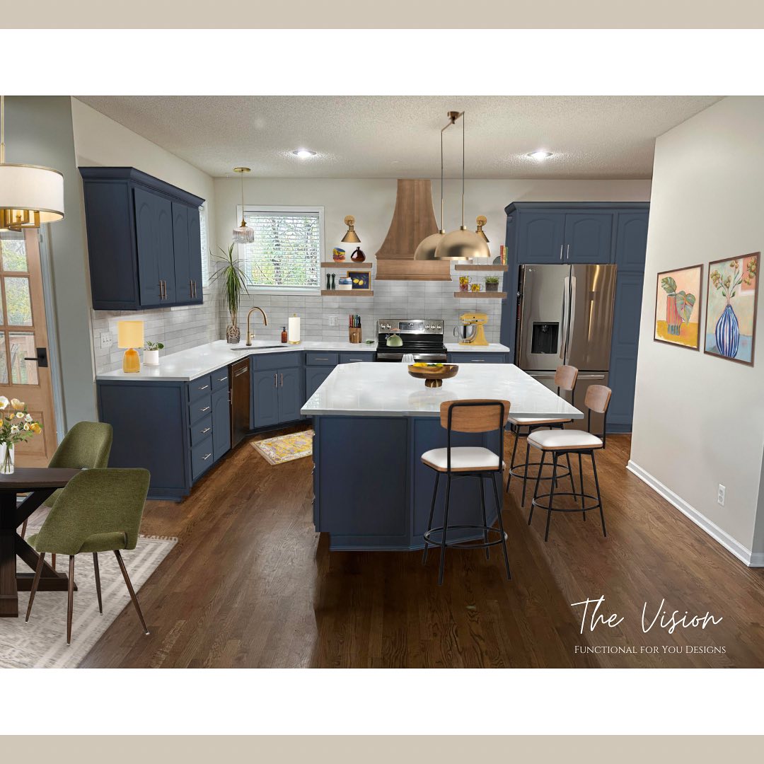 Same kitchen, 4 different ways! 

We tried on blue cabinets, white cabinets, refinished cabinets and playing around with