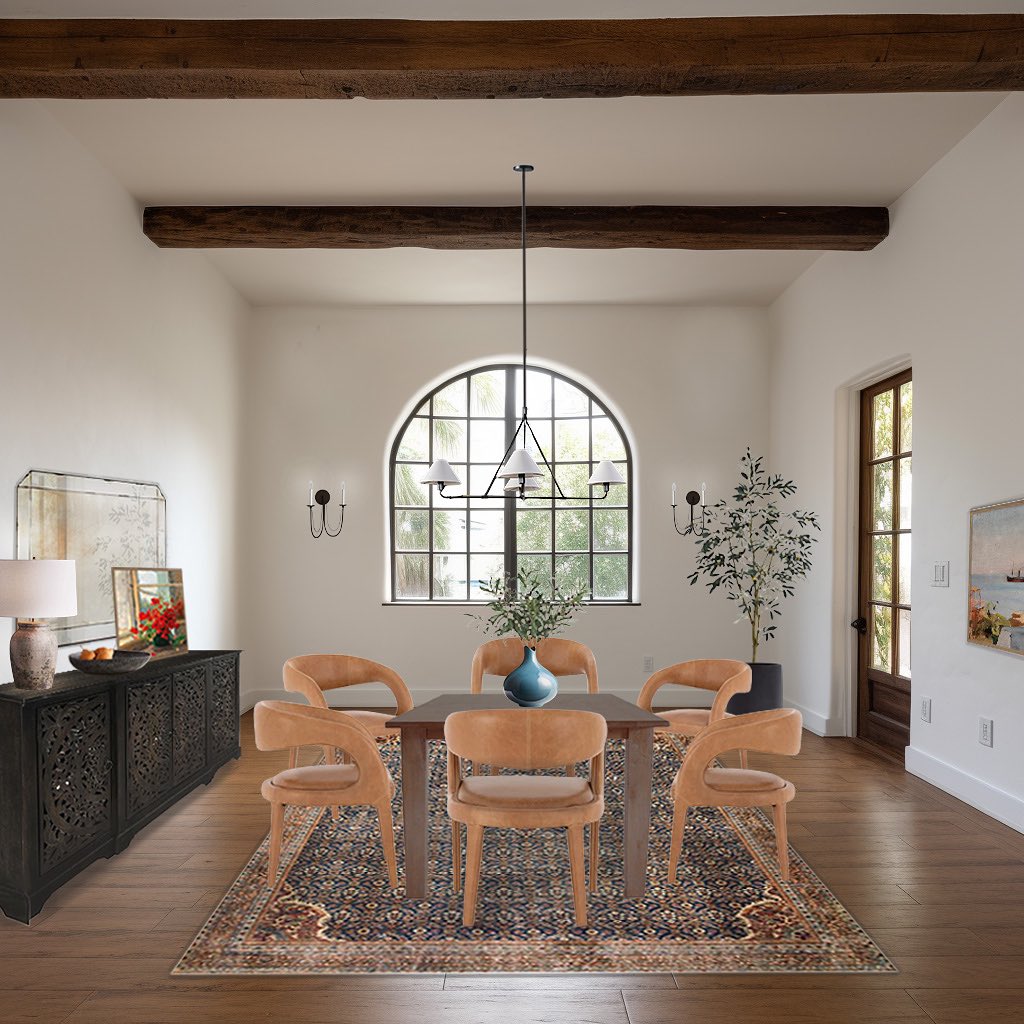 California casual with a nod to Spanish architecture. This design includes a mix of modern and ornate elements, a terrac