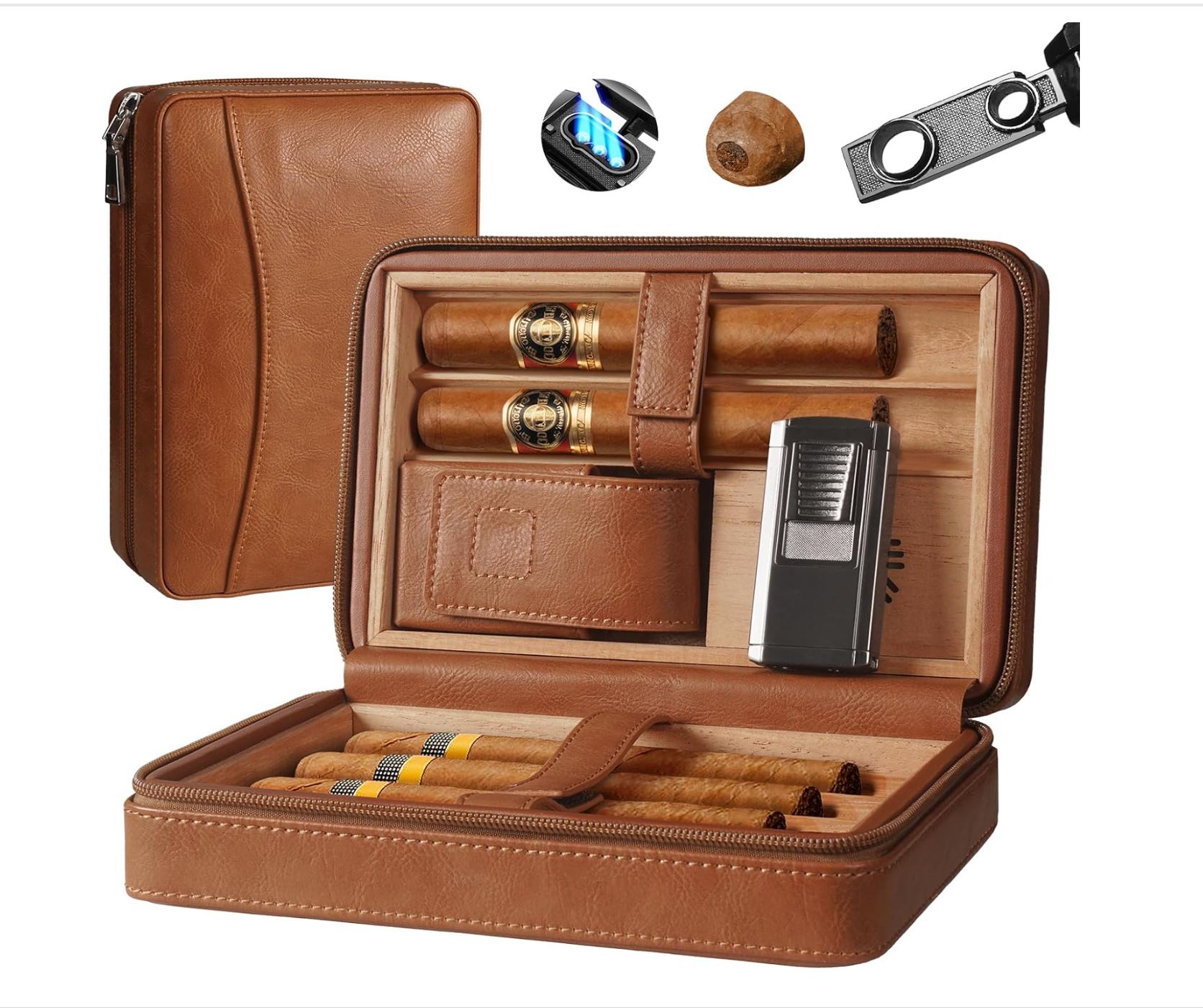 Leather Travel Cigar Case w/ 100% Cedar Wood thumbnail