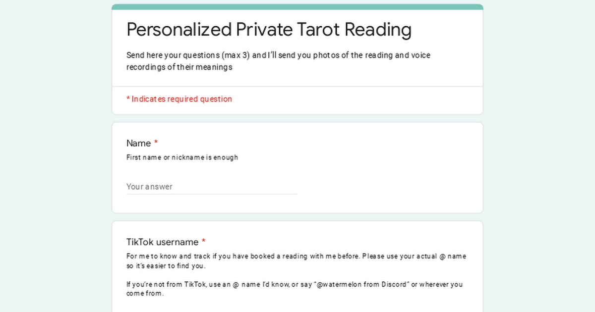 Personalized Private Tarot Reading (form) thumbnail