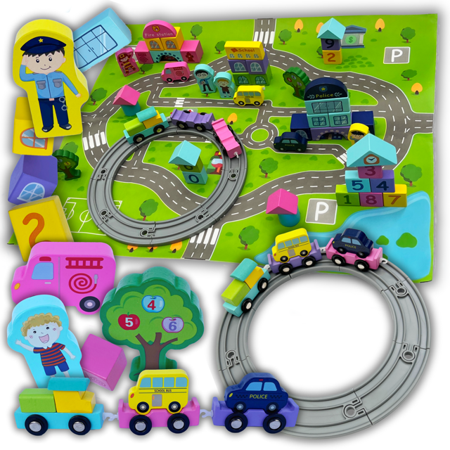 Our 3-in-1 City Blocks Railway 56-Piece Wooden Play Set thumbnail