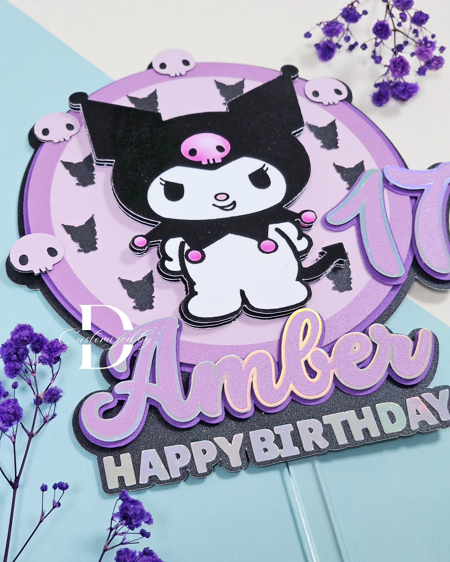 Customized Kuromi 3d Cake Topper ✨️ holograhic "happy birthday"