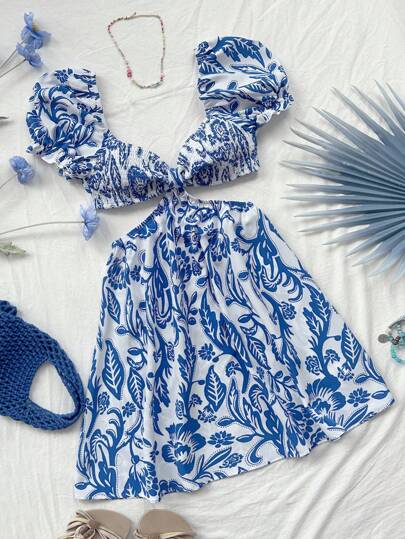  Vestido mini azul e branco com mangas bufantes, cintura vazada  👗✨ thumbnail