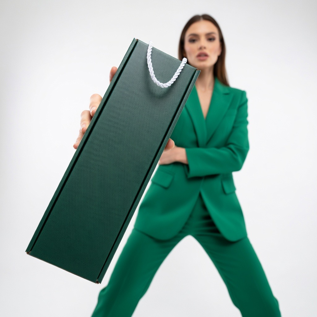 Zielone tekturowe pudełko na wino lub szampana, 10x10x33cm | W68 thumbnail