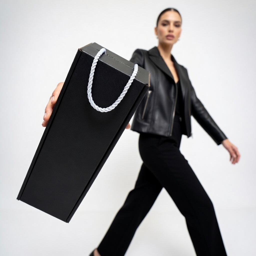 Czarne tekturowe pudełko na wino lub szampana, 10x10x33cm | W68 thumbnail