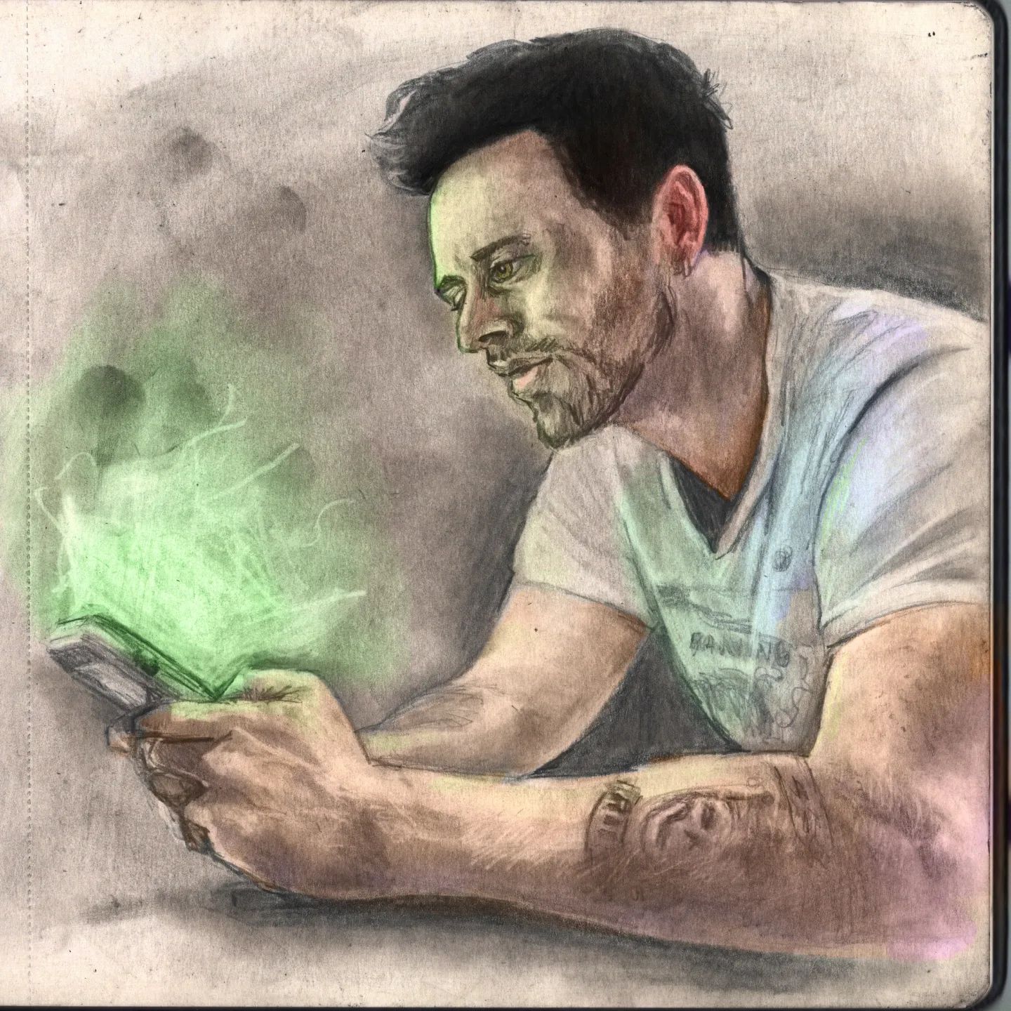 Sam Cieri playing a Gameboy

Trying a new experiment: coloring my portrait sketches in digitally. This is all by hand (F