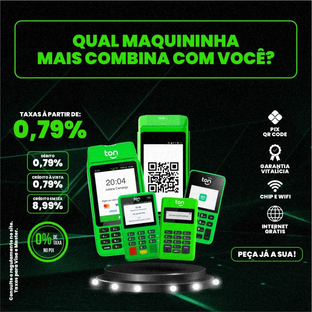 O ton está com taxas incríveis para CPF e CNPJ, sem nenhum tipo de aluguel, limites ou mensalidades. 🤩

E maissss, taxas