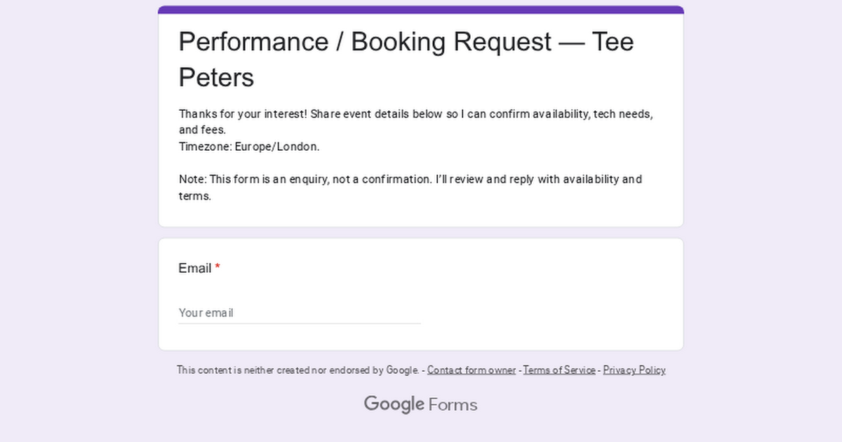 Performance / Booking Request — Tee Peters thumbnail