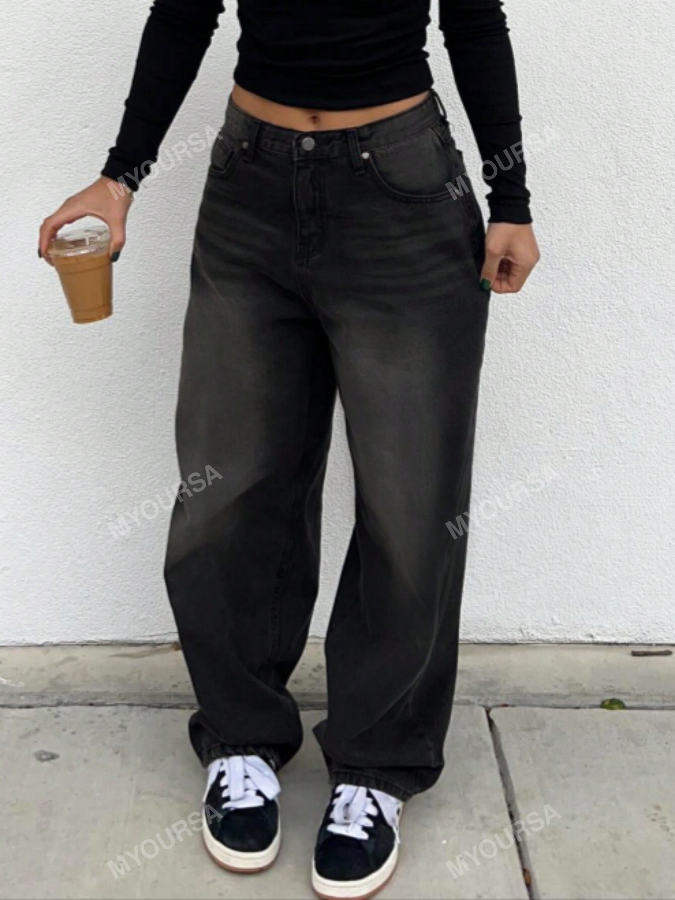 MYOURSA Denim Casuais de Perna Larga com Bolso Retrô, Modelagem Larga para Mulheres thumbnail