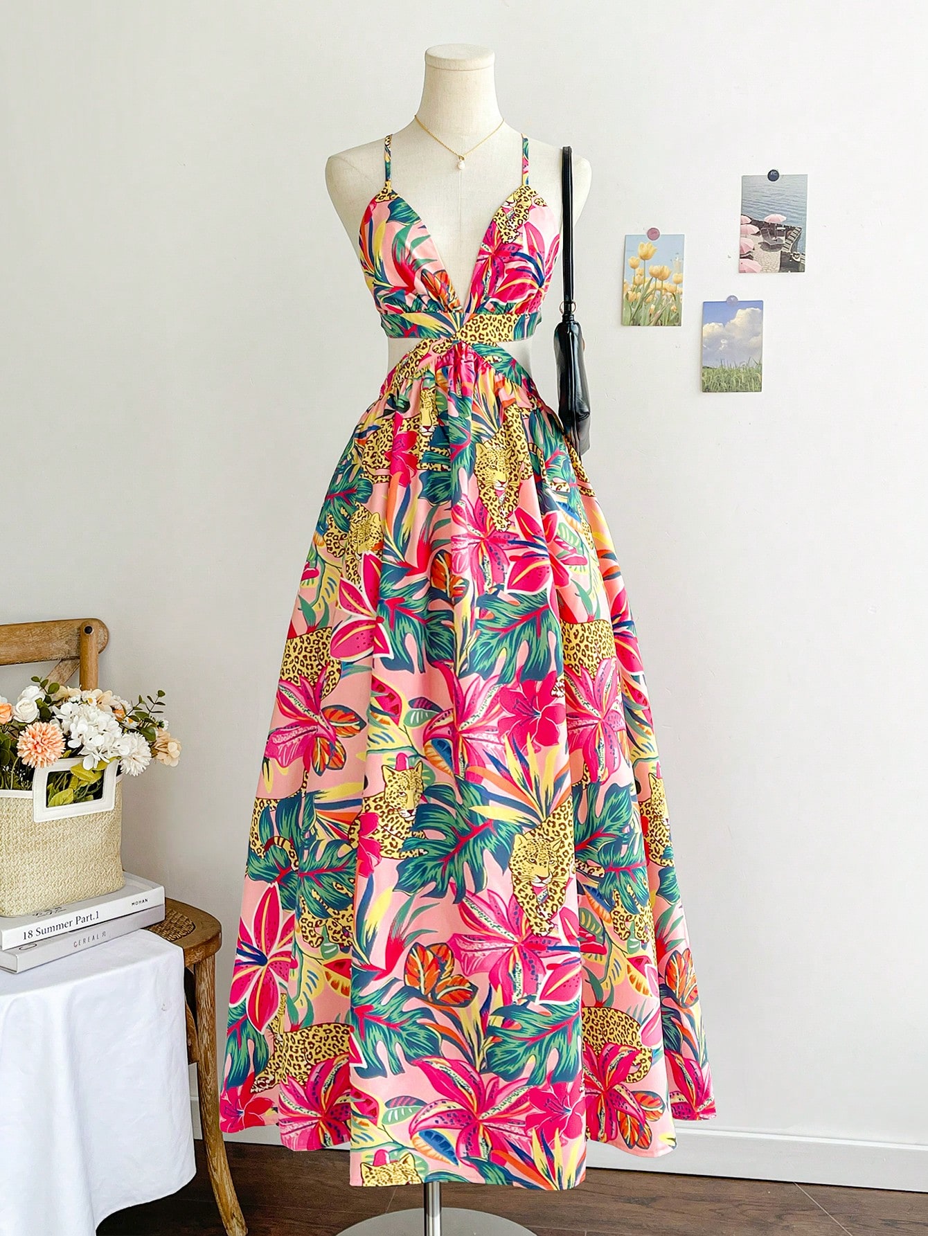 Soleia Vestido Longo Backless com Estampa Tropical de Folha de Palmeira e Onça, Estilo Férias thumbnail