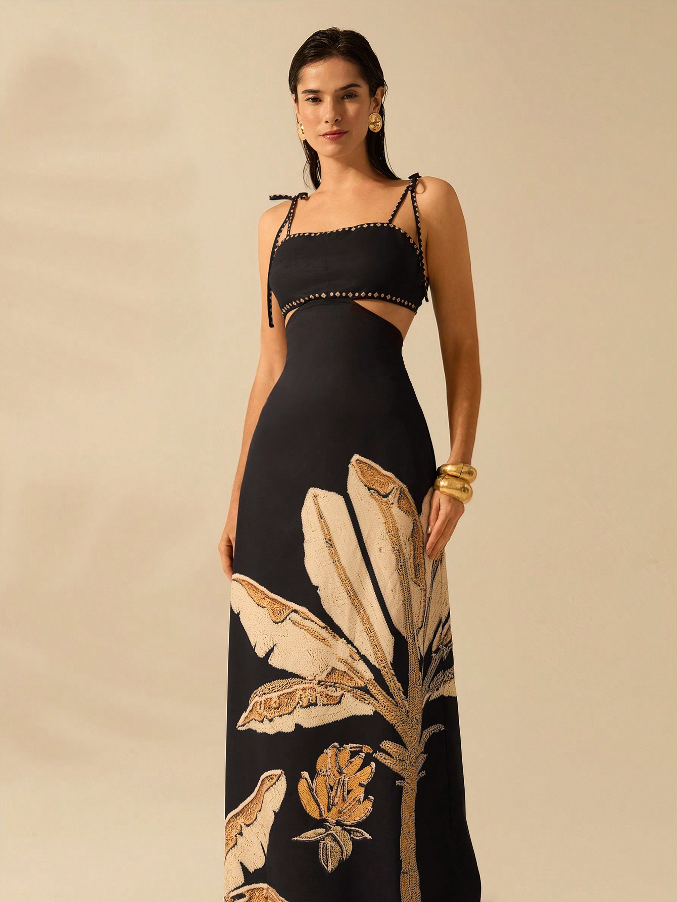 CAJUNI Vestido Boho Feminino Estampa de Árvore de Banana, Vestido Preto Casual de Verão com Amarração Oca na Cintura Sem Mangas, Vestido Casual de Férias thumbnail