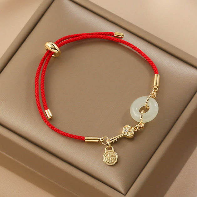 Buddha Stones 18K Gold Plated Hetian Jade Peace Buckle Fu Character Luck Red Rope Bracelet thumbnail