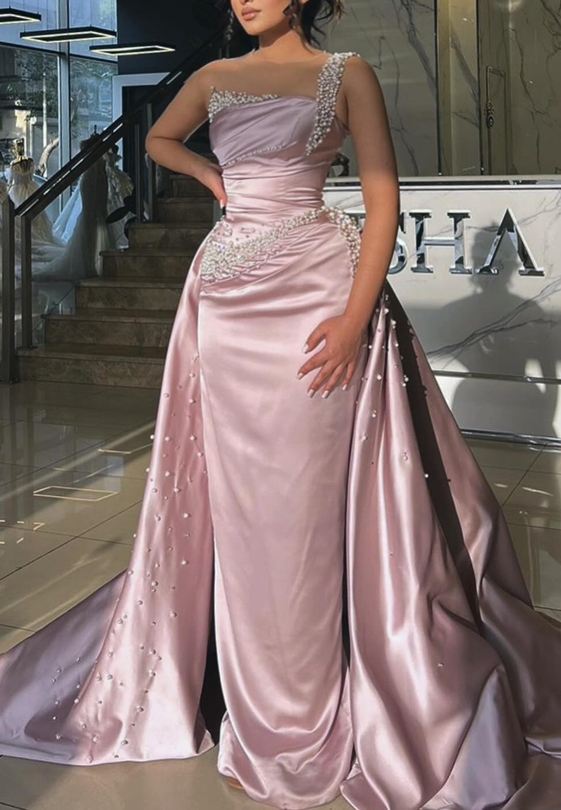 One Shoulder Sleeveless Pearl Sheath Prom Dress thumbnail