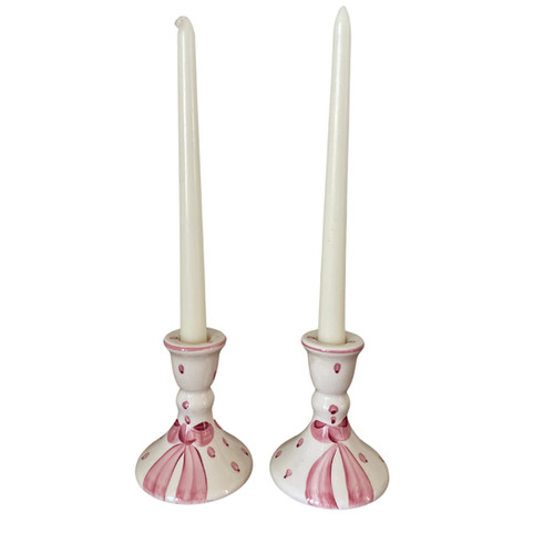 Hand painted ceramic candle holders with pink bows- set of two | Our Itty Bitty Home thumbnail
