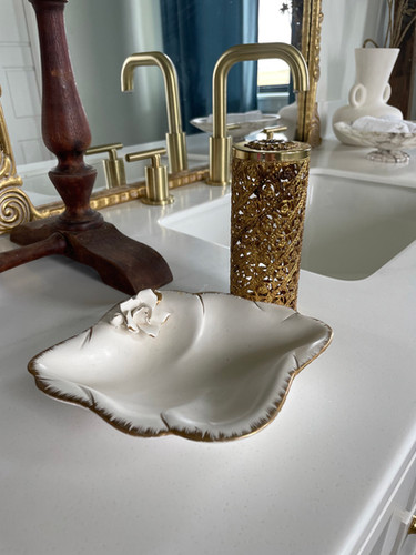 Cream & Gold ceramic vintage jewelry dish and vintage gold hair spray can holder | Our Itty Bitty Home thumbnail