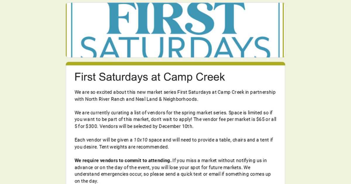First Saturdays at Camp Creek thumbnail