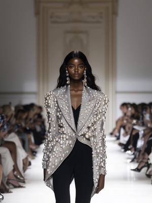 AI model ob runway wearing a grey encrusted by pearls jacket. #aimodel #aidesign #aiprompts #aimodelgirls 