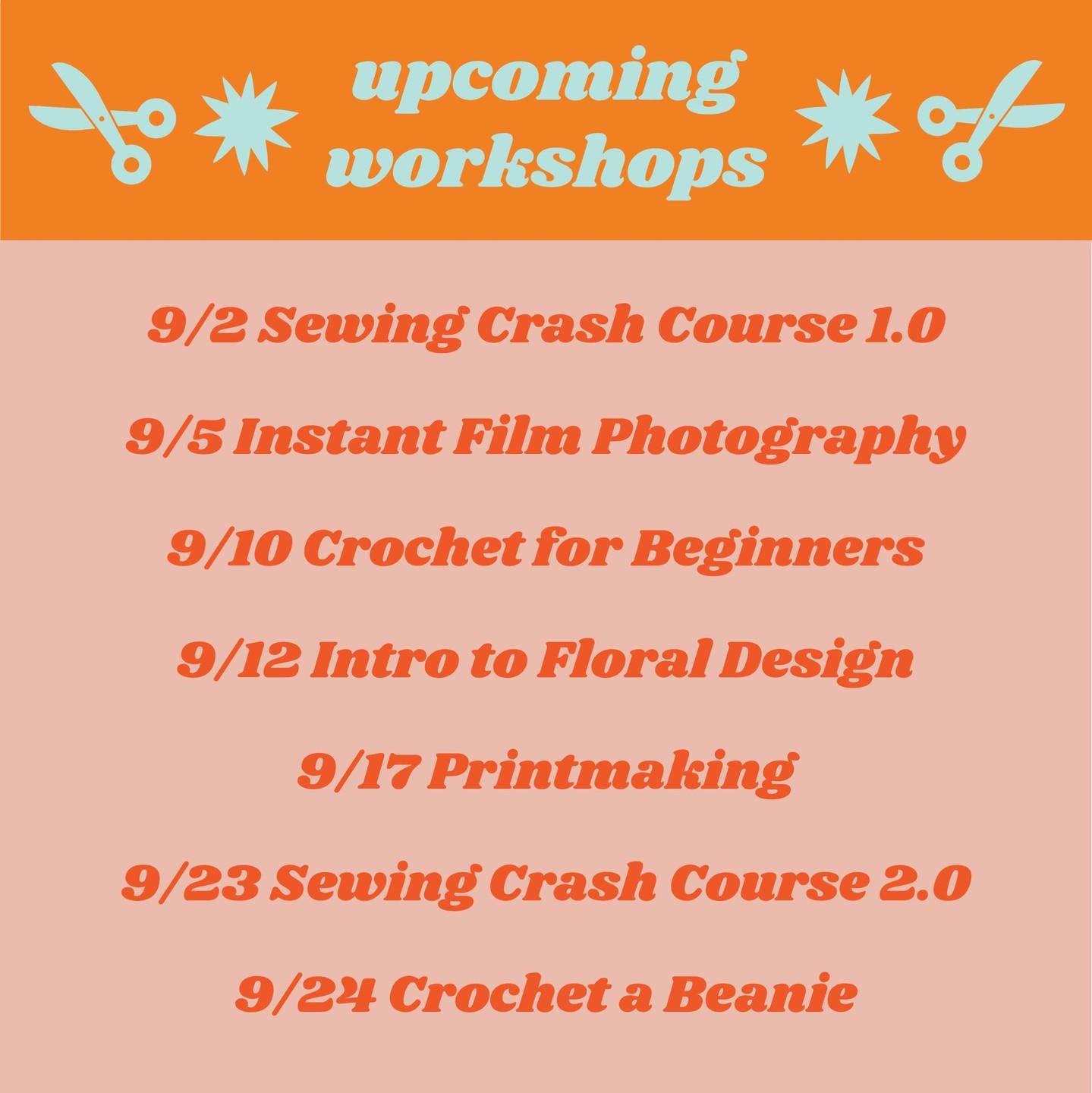 We have an exciting workshop lineup for September and would love to learn and create with you! You can find all the deta