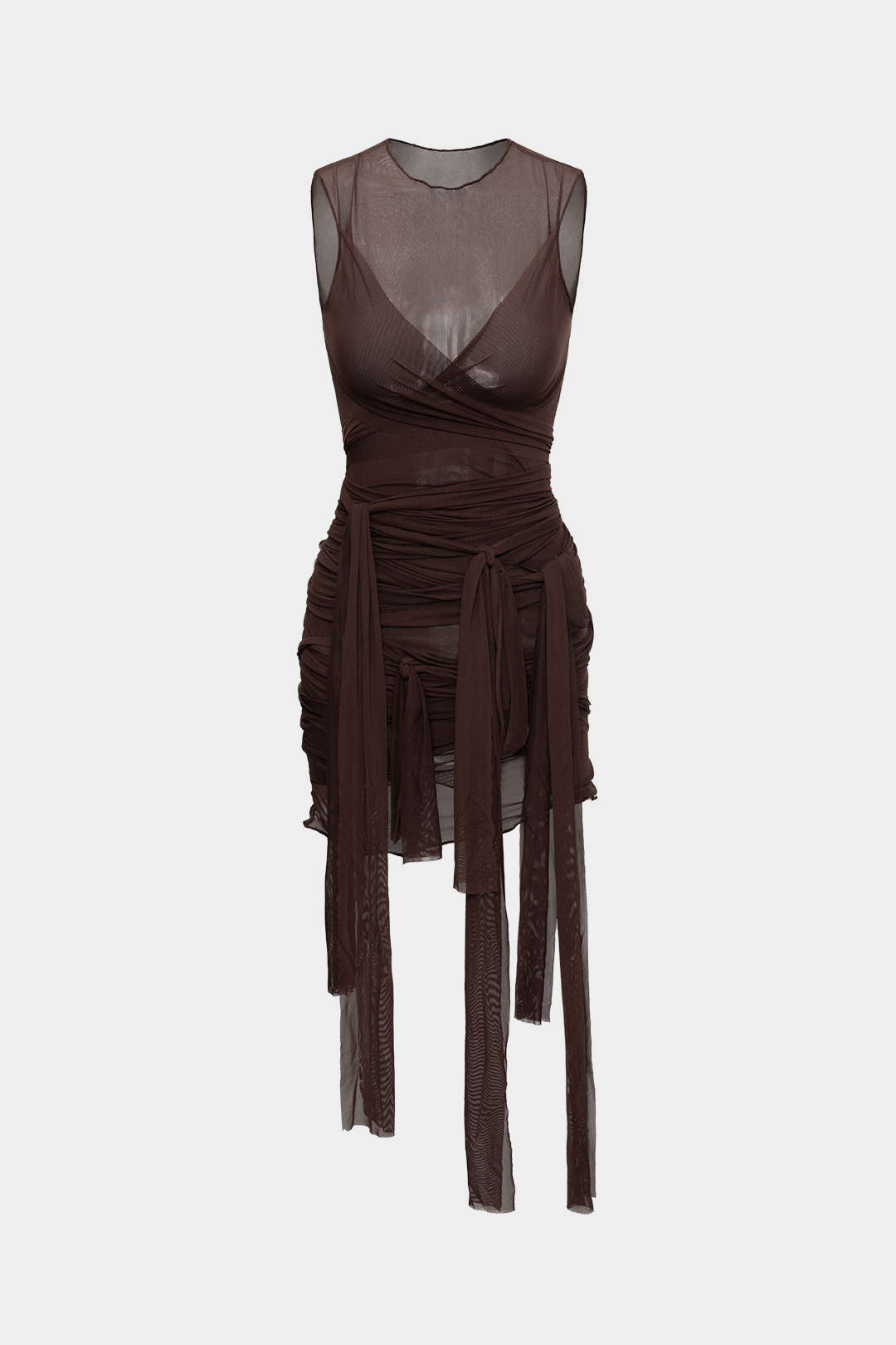 Sheer Mesh Wrap Tie Ribbon Mini Dress thumbnail