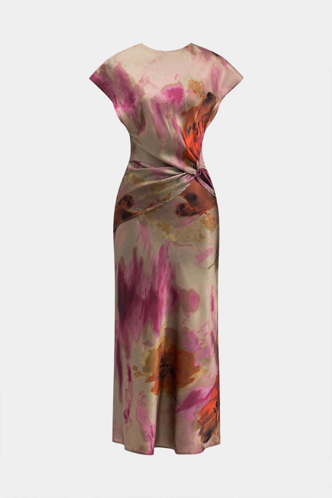 Tie Dye Ruched Cut Out Button Twist Knot Midi Dress thumbnail