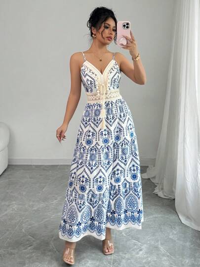 Calvaya Vestido Casual Estilo Babado com Estampa Floral Miúda e Alças, Primavera thumbnail