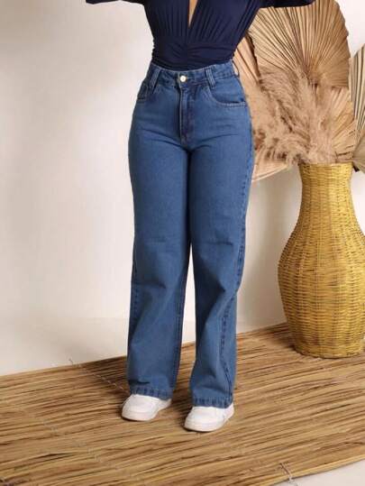 Calça Wide Leg Pantalona Jeans Feminina Cintura Alta Levanta Bumbum thumbnail