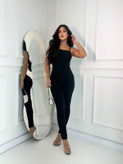 MACACÃO LONGO DECOTE RETO GRINGA BÁSICO ALCINHA ANARRUGA MACAQUINHO ALCINHA MODA CASUL MODA VERSATIL thumbnail