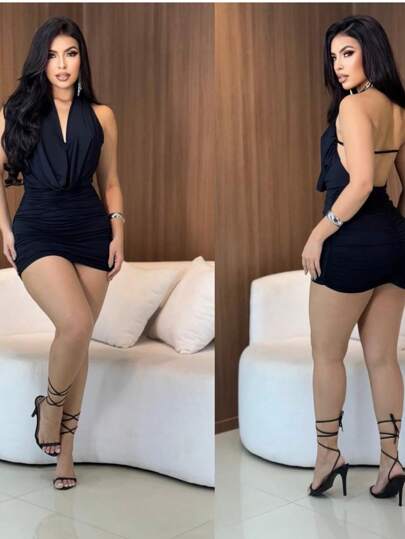 Vestido Marrom Ajustado Mulheres de Colo em V Profundo Extremamente Costas Nuas, Estilo Vintage Jovem Urbano Minimalist thumbnail