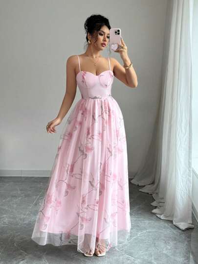 Elenzga Vestido Longo Elegant Linha-A com Estampa Floral de Rosas e Babados, Vestido Maxi de Chiffon Romântico thumbnail