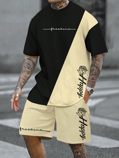 Manfinity LEGND Conjunto De Camiseta De Manga Curta E Shorts Masculino Estilo Listrado Colorido E Letras thumbnail