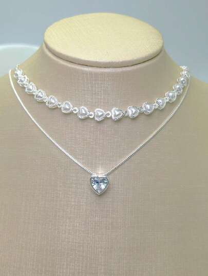 KIT 2 Choker Colar de pérolas de coração + Colar Com coração Ponto De Luz banhado a prata a ouro 18K thumbnail