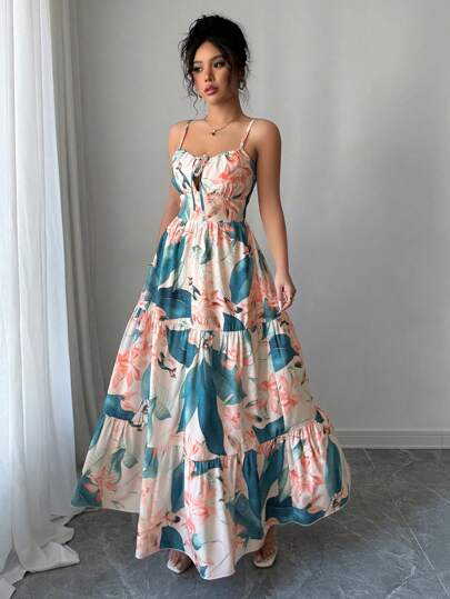 Elenzga Vestido Longo com Estampa de Folha, Gola Fina de Alça, Cintura Marcada e Saia Evasê, Moda Feminina, Verão, Férias thumbnail