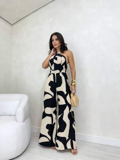 macacão Estampa total Folha Boho Poliéster Costas nuas / sem costas Nó Com cinto vestido Diário verão thumbnail